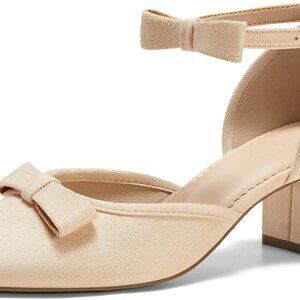 Womens Chunky Low Heels Bow Closed Toe Ankle Strap Pumps Elegant Wedding Party D